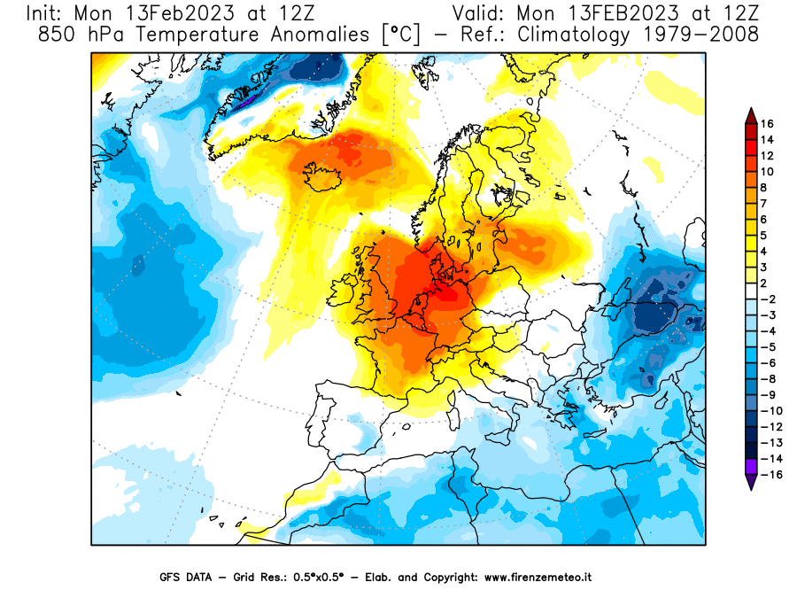 Mappa di analisi GFS - Anomalia Temperatura [°C] a 850 hPa in Europa
							del 13/02/2023 12 <!--googleoff: index-->UTC<!--googleon: index-->