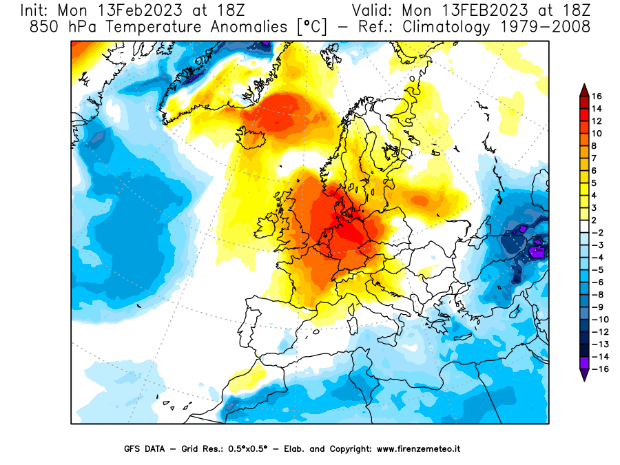 Mappa di analisi GFS - Anomalia Temperatura [°C] a 850 hPa in Europa
							del 13/02/2023 18 <!--googleoff: index-->UTC<!--googleon: index-->