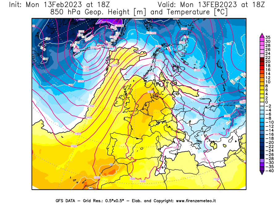 Mappa di analisi GFS - Geopotenziale [m] e Temperatura [°C] a 850 hPa in Europa
							del 13/02/2023 18 <!--googleoff: index-->UTC<!--googleon: index-->