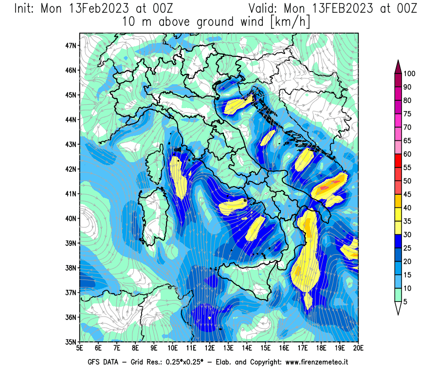 Mappa di analisi GFS - Velocità del vento a 10 metri dal suolo [km/h] in Italia
							del 13/02/2023 00 <!--googleoff: index-->UTC<!--googleon: index-->