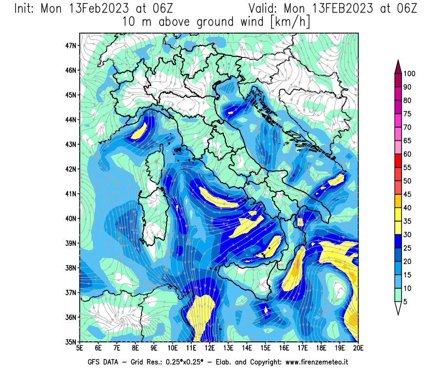 Mappa di analisi GFS - Velocità del vento a 10 metri dal suolo [km/h] in Italia
							del 13/02/2023 06 <!--googleoff: index-->UTC<!--googleon: index-->