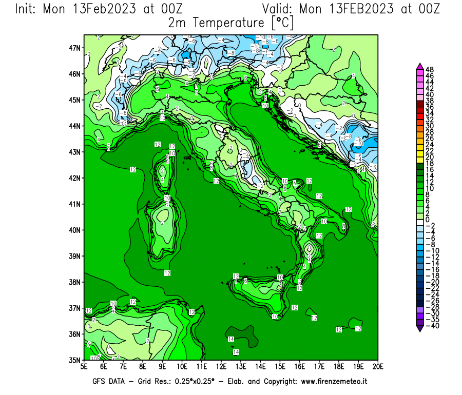 Mappa di analisi GFS - Temperatura a 2 metri dal suolo [°C] in Italia
							del 13/02/2023 00 <!--googleoff: index-->UTC<!--googleon: index-->