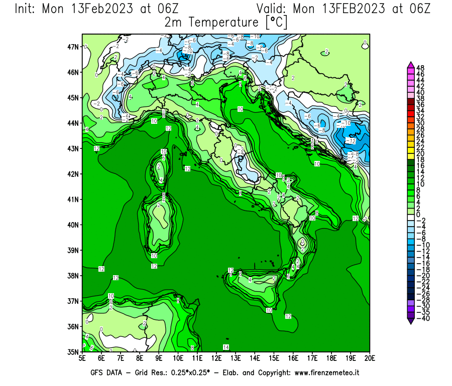 Mappa di analisi GFS - Temperatura a 2 metri dal suolo [°C] in Italia
							del 13/02/2023 06 <!--googleoff: index-->UTC<!--googleon: index-->