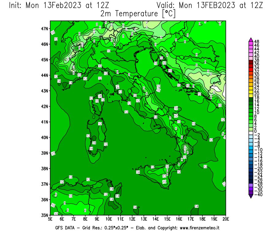 Mappa di analisi GFS - Temperatura a 2 metri dal suolo [°C] in Italia
							del 13/02/2023 12 <!--googleoff: index-->UTC<!--googleon: index-->
