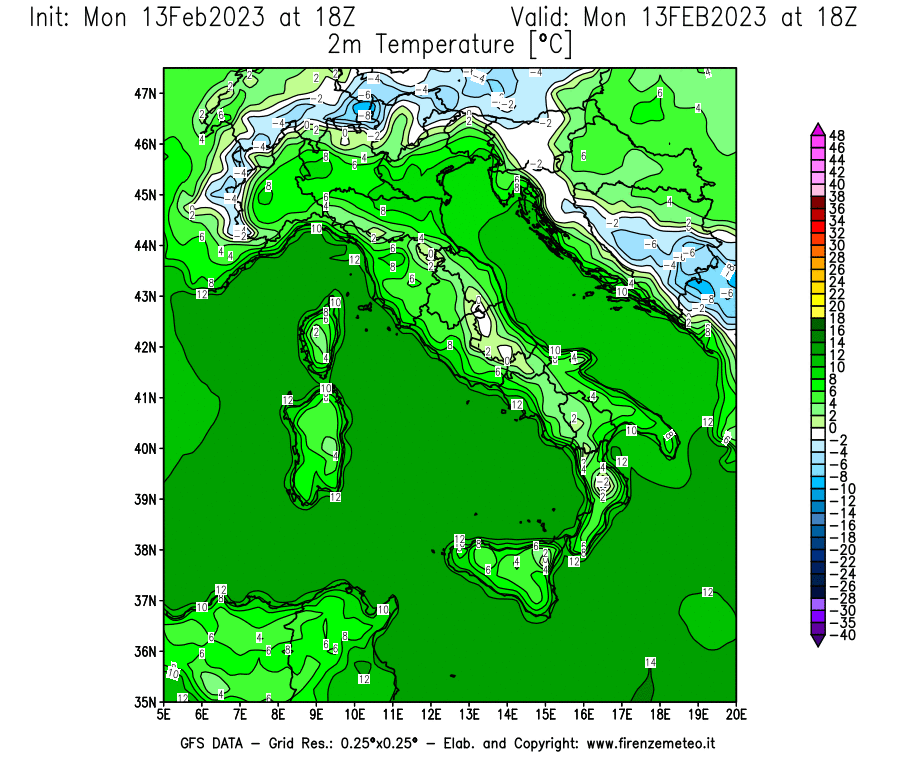 Mappa di analisi GFS - Temperatura a 2 metri dal suolo [°C] in Italia
							del 13/02/2023 18 <!--googleoff: index-->UTC<!--googleon: index-->