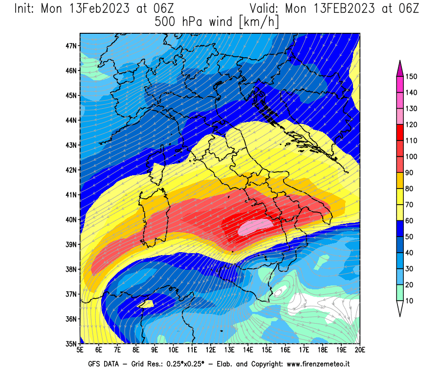 Mappa di analisi GFS - Velocità del vento a 500 hPa [km/h] in Italia
							del 13/02/2023 06 <!--googleoff: index-->UTC<!--googleon: index-->