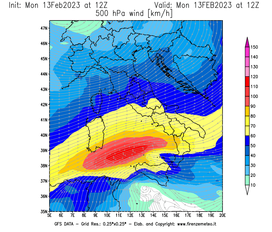Mappa di analisi GFS - Velocità del vento a 500 hPa [km/h] in Italia
							del 13/02/2023 12 <!--googleoff: index-->UTC<!--googleon: index-->