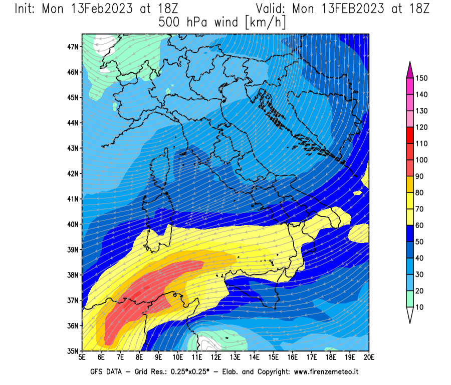 Mappa di analisi GFS - Velocità del vento a 500 hPa [km/h] in Italia
							del 13/02/2023 18 <!--googleoff: index-->UTC<!--googleon: index-->