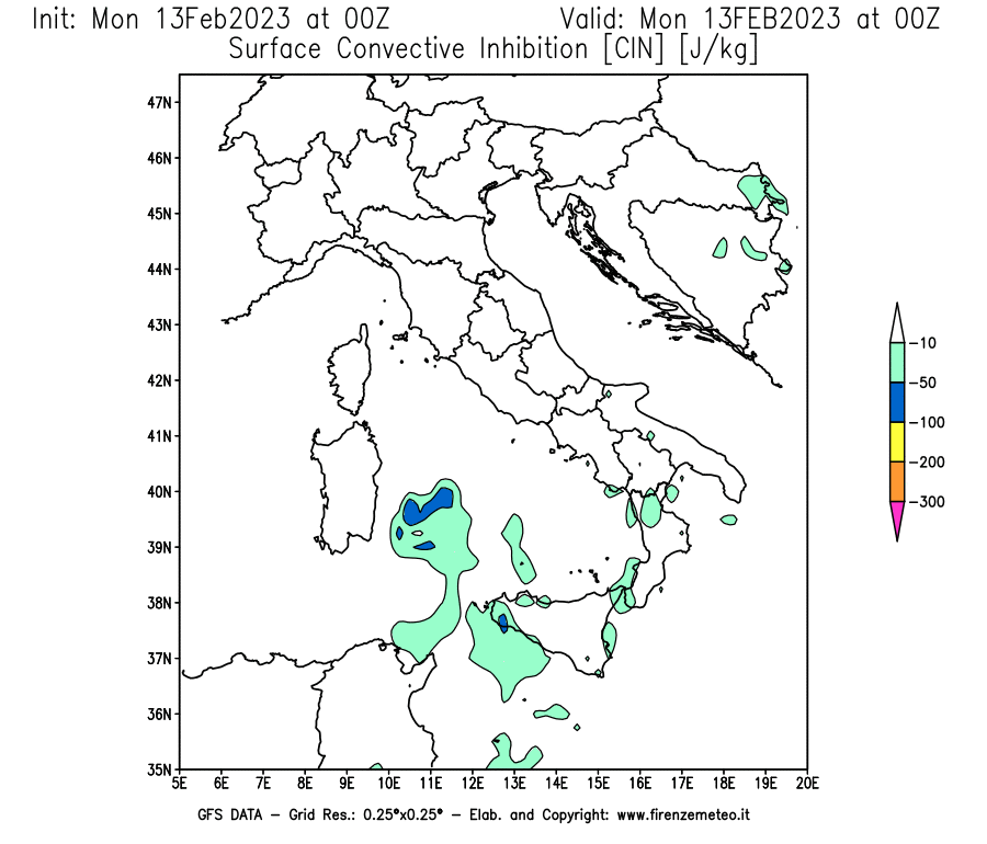 Mappa di analisi GFS - CIN [J/kg] in Italia
							del 13/02/2023 00 <!--googleoff: index-->UTC<!--googleon: index-->