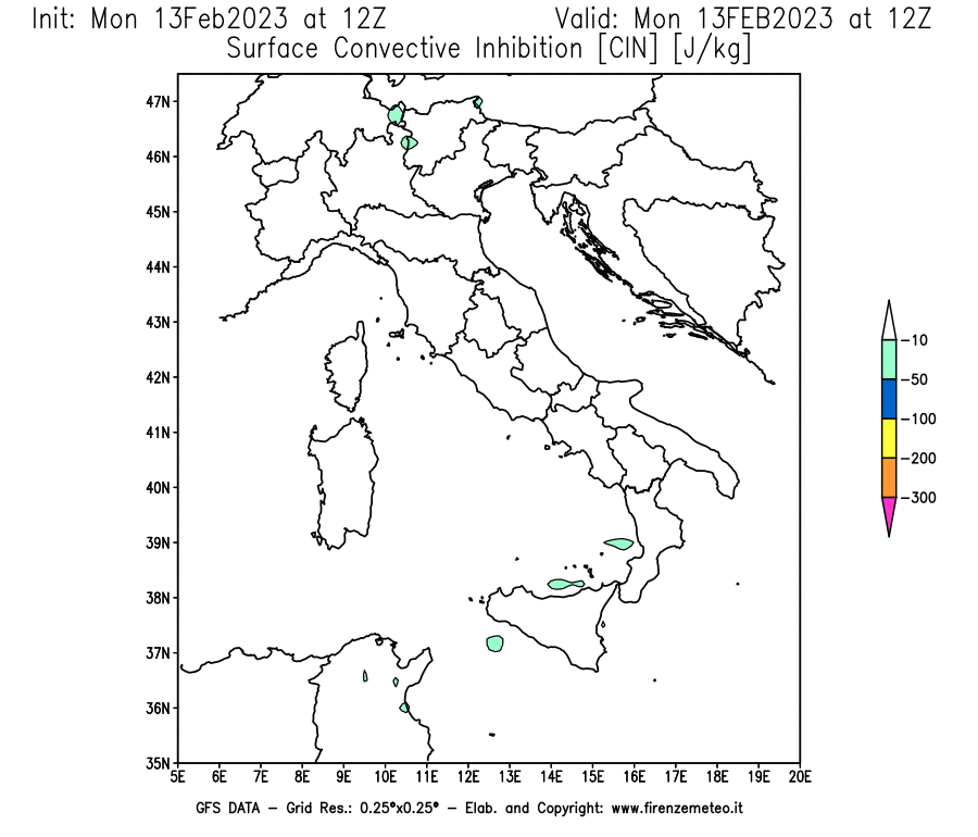 Mappa di analisi GFS - CIN [J/kg] in Italia
							del 13/02/2023 12 <!--googleoff: index-->UTC<!--googleon: index-->