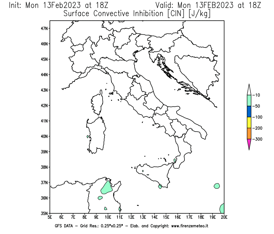 Mappa di analisi GFS - CIN [J/kg] in Italia
							del 13/02/2023 18 <!--googleoff: index-->UTC<!--googleon: index-->
