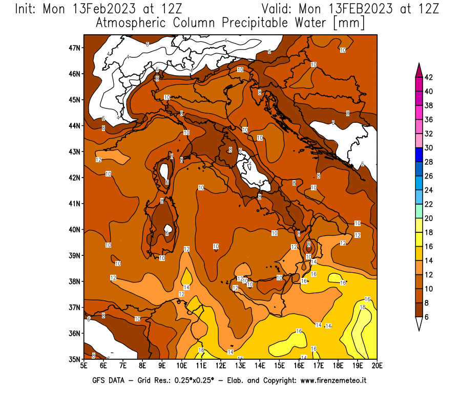 Mappa di analisi GFS - Precipitable Water [mm] in Italia
							del 13/02/2023 12 <!--googleoff: index-->UTC<!--googleon: index-->