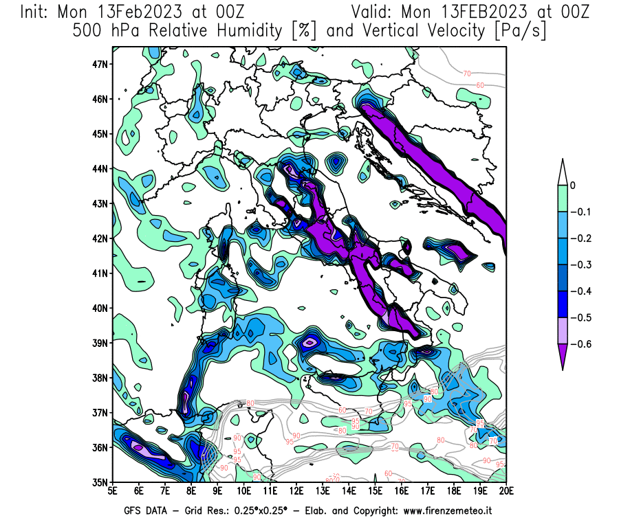 Mappa di analisi GFS - Umidità relativa [%] e Omega [Pa/s] a 500 hPa in Italia
							del 13/02/2023 00 <!--googleoff: index-->UTC<!--googleon: index-->