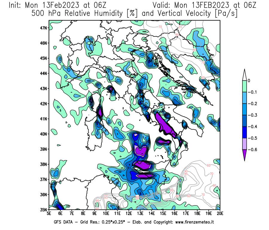 Mappa di analisi GFS - Umidità relativa [%] e Omega [Pa/s] a 500 hPa in Italia
							del 13/02/2023 06 <!--googleoff: index-->UTC<!--googleon: index-->