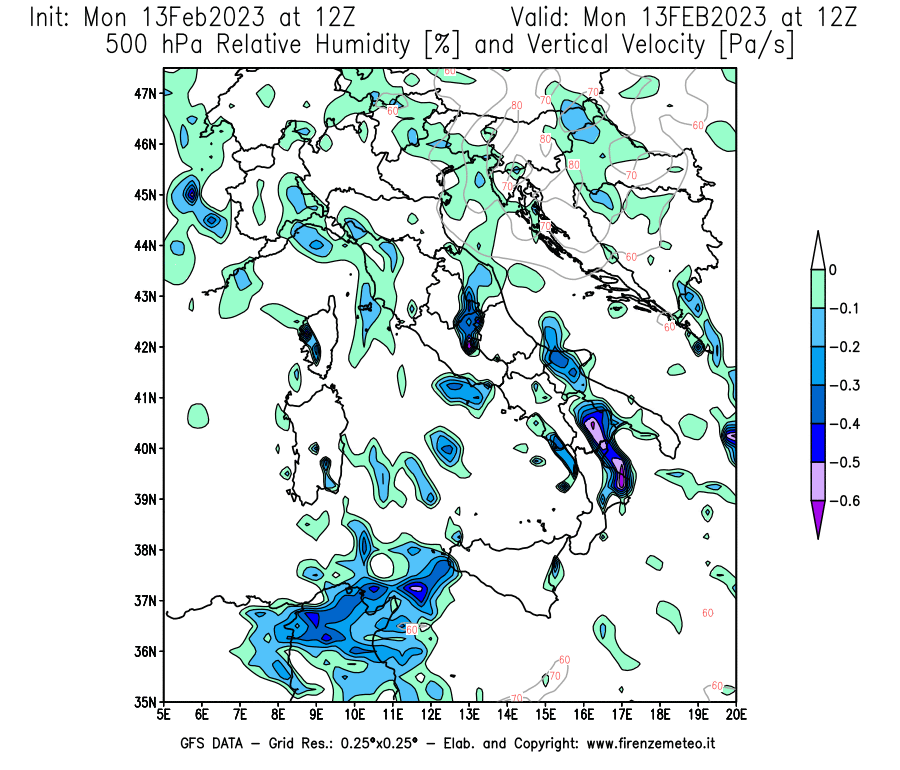 Mappa di analisi GFS - Umidità relativa [%] e Omega [Pa/s] a 500 hPa in Italia
							del 13/02/2023 12 <!--googleoff: index-->UTC<!--googleon: index-->