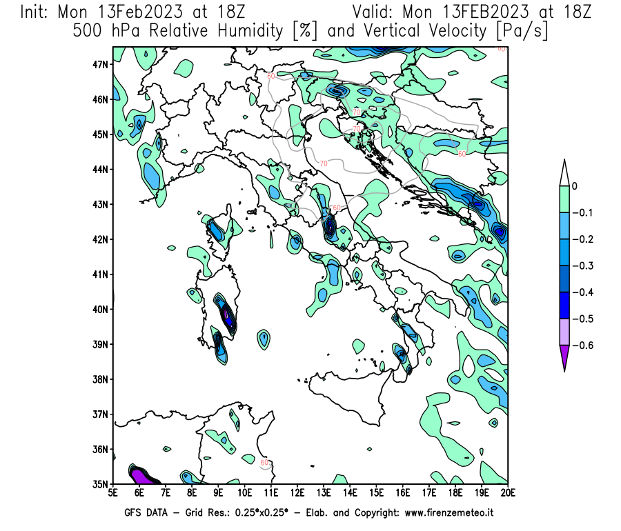 Mappa di analisi GFS - Umidità relativa [%] e Omega [Pa/s] a 500 hPa in Italia
							del 13/02/2023 18 <!--googleoff: index-->UTC<!--googleon: index-->
