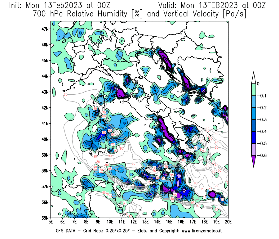 Mappa di analisi GFS - Umidità relativa [%] e Omega [Pa/s] a 700 hPa in Italia
							del 13/02/2023 00 <!--googleoff: index-->UTC<!--googleon: index-->