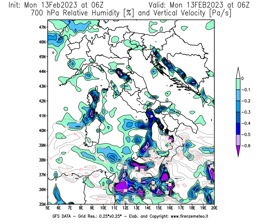 Mappa di analisi GFS - Umidità relativa [%] e Omega [Pa/s] a 700 hPa in Italia
							del 13/02/2023 06 <!--googleoff: index-->UTC<!--googleon: index-->