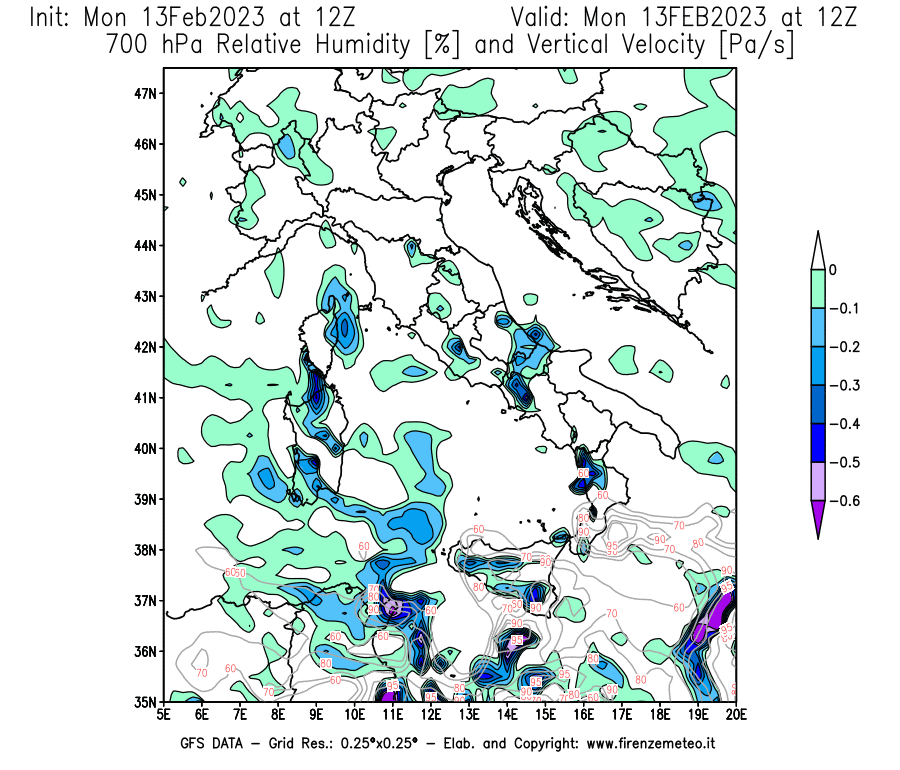 Mappa di analisi GFS - Umidità relativa [%] e Omega [Pa/s] a 700 hPa in Italia
							del 13/02/2023 12 <!--googleoff: index-->UTC<!--googleon: index-->