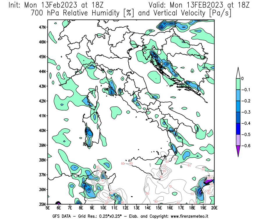 Mappa di analisi GFS - Umidità relativa [%] e Omega [Pa/s] a 700 hPa in Italia
							del 13/02/2023 18 <!--googleoff: index-->UTC<!--googleon: index-->
