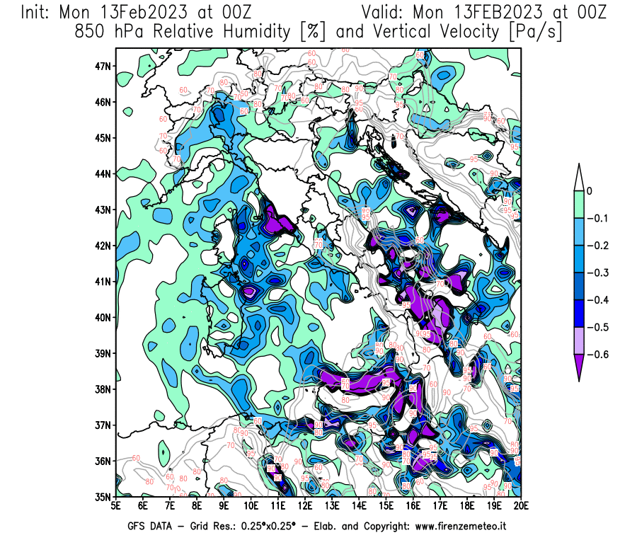 Mappa di analisi GFS - Umidità relativa [%] e Omega [Pa/s] a 850 hPa in Italia
							del 13/02/2023 00 <!--googleoff: index-->UTC<!--googleon: index-->