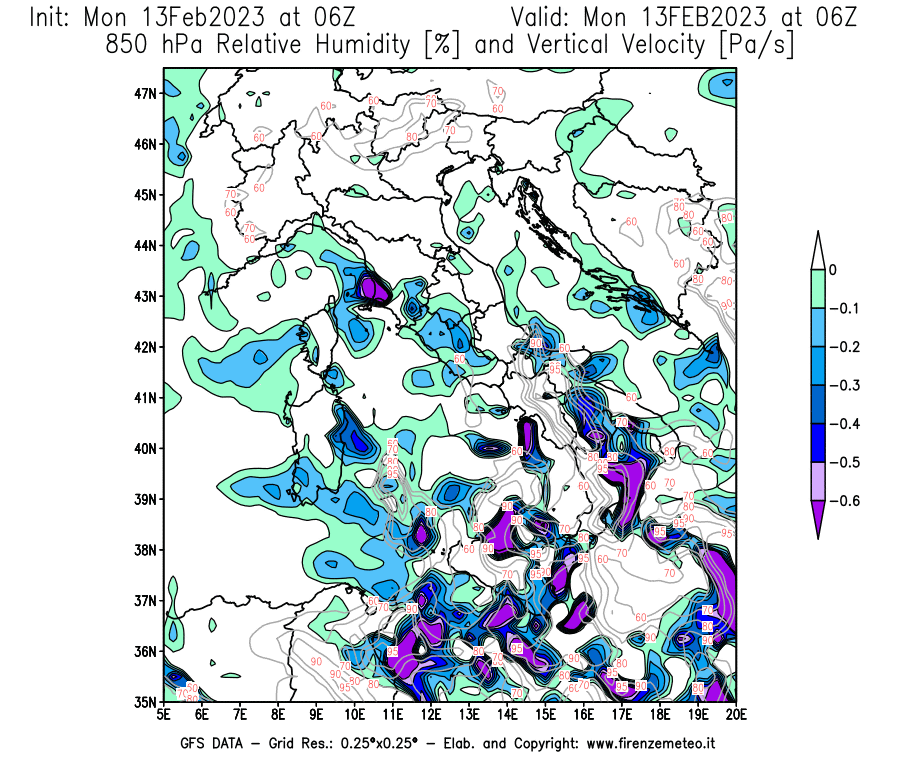 Mappa di analisi GFS - Umidità relativa [%] e Omega [Pa/s] a 850 hPa in Italia
							del 13/02/2023 06 <!--googleoff: index-->UTC<!--googleon: index-->