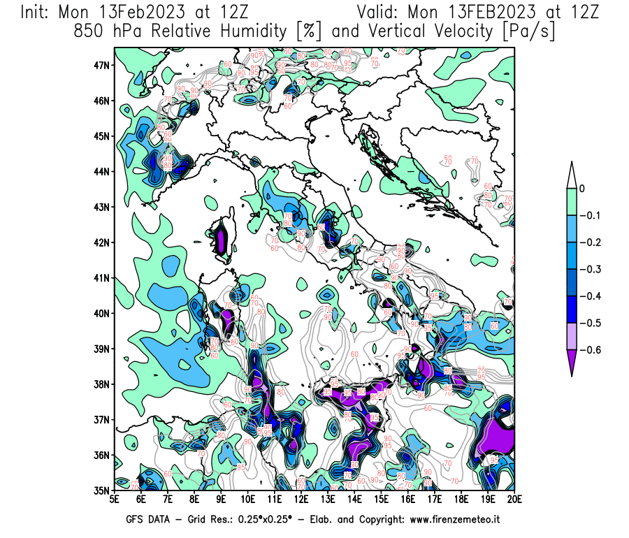 Mappa di analisi GFS - Umidità relativa [%] e Omega [Pa/s] a 850 hPa in Italia
							del 13/02/2023 12 <!--googleoff: index-->UTC<!--googleon: index-->