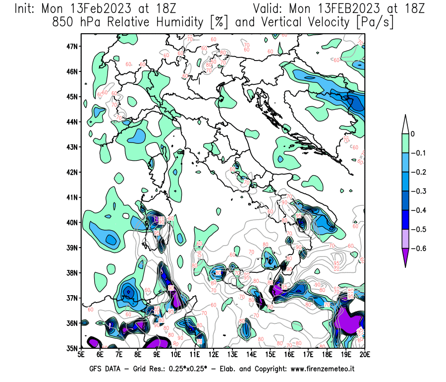 Mappa di analisi GFS - Umidità relativa [%] e Omega [Pa/s] a 850 hPa in Italia
							del 13/02/2023 18 <!--googleoff: index-->UTC<!--googleon: index-->