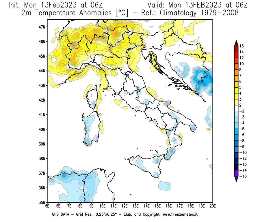 Mappa di analisi GFS - Anomalia Temperatura [°C] a 2 m in Italia
							del 13/02/2023 06 <!--googleoff: index-->UTC<!--googleon: index-->