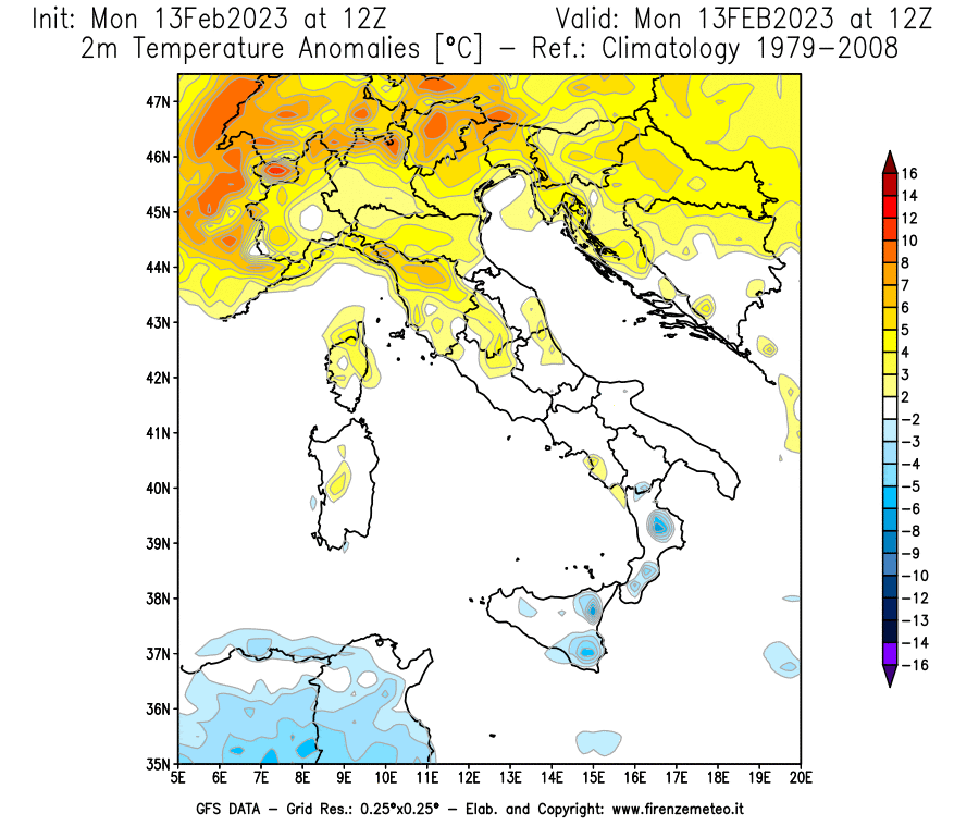 Mappa di analisi GFS - Anomalia Temperatura [°C] a 2 m in Italia
							del 13/02/2023 12 <!--googleoff: index-->UTC<!--googleon: index-->
