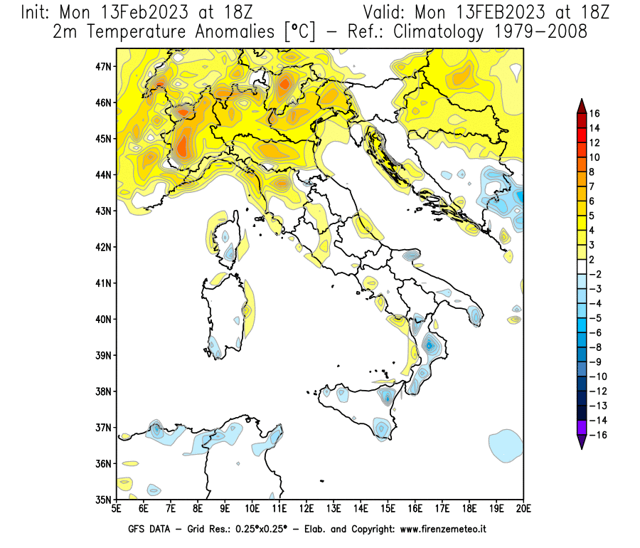 Mappa di analisi GFS - Anomalia Temperatura [°C] a 2 m in Italia
							del 13/02/2023 18 <!--googleoff: index-->UTC<!--googleon: index-->