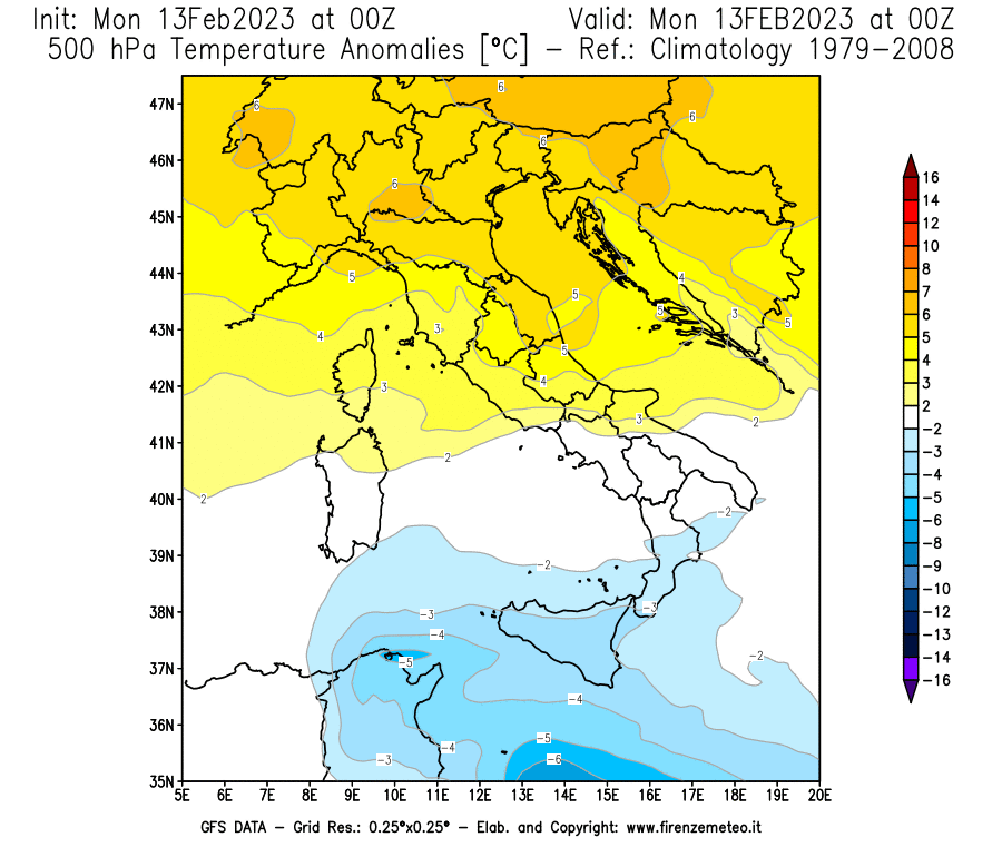 Mappa di analisi GFS - Anomalia Temperatura [°C] a 500 hPa in Italia
							del 13/02/2023 00 <!--googleoff: index-->UTC<!--googleon: index-->
