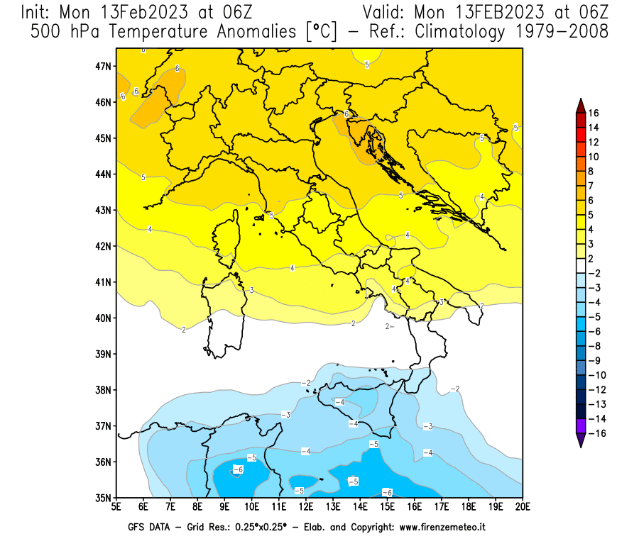 Mappa di analisi GFS - Anomalia Temperatura [°C] a 500 hPa in Italia
							del 13/02/2023 06 <!--googleoff: index-->UTC<!--googleon: index-->