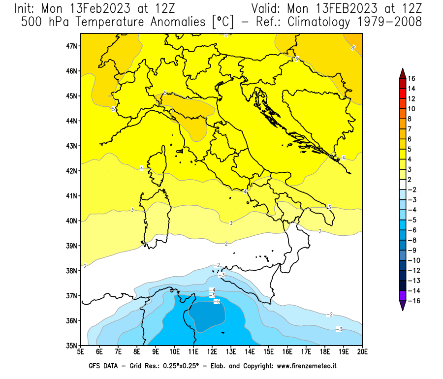 Mappa di analisi GFS - Anomalia Temperatura [°C] a 500 hPa in Italia
							del 13/02/2023 12 <!--googleoff: index-->UTC<!--googleon: index-->