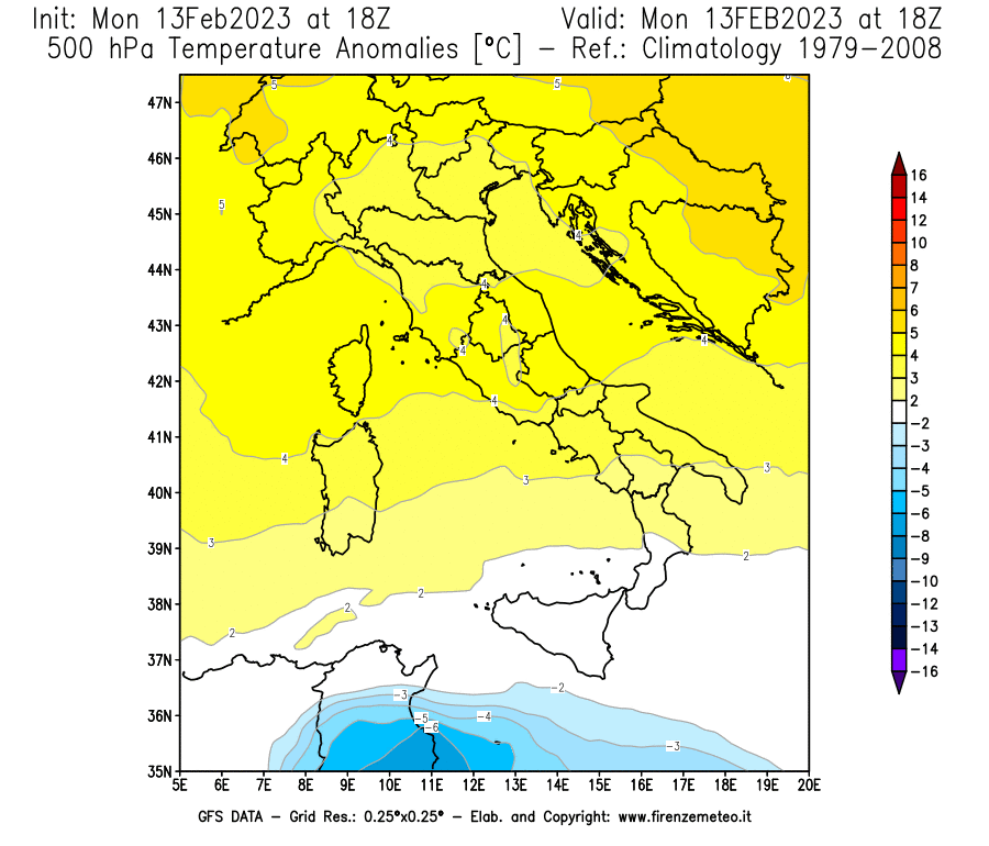 Mappa di analisi GFS - Anomalia Temperatura [°C] a 500 hPa in Italia
							del 13/02/2023 18 <!--googleoff: index-->UTC<!--googleon: index-->
