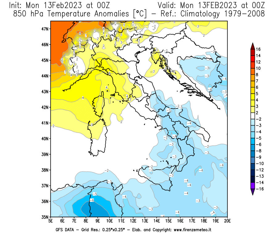 Mappa di analisi GFS - Anomalia Temperatura [°C] a 850 hPa in Italia
							del 13/02/2023 00 <!--googleoff: index-->UTC<!--googleon: index-->