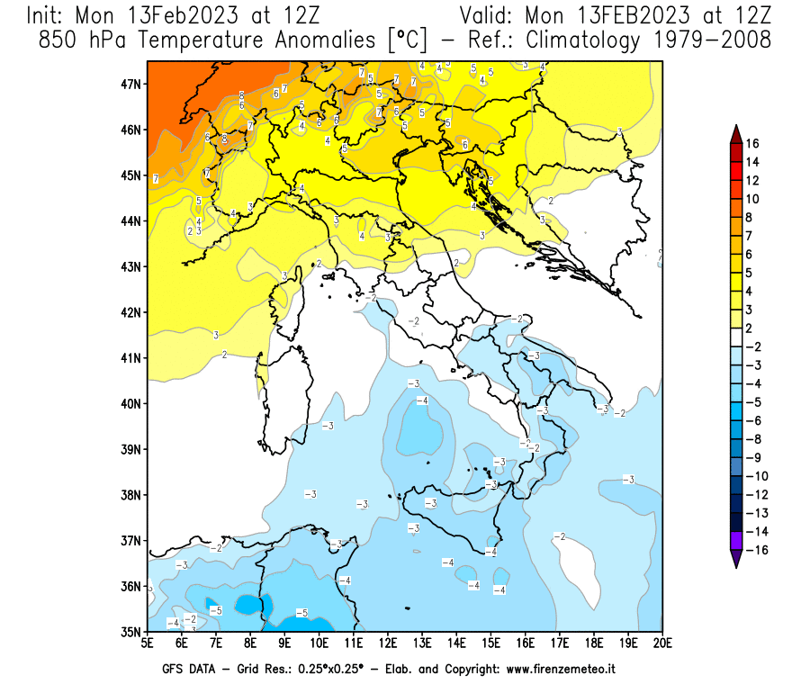 Mappa di analisi GFS - Anomalia Temperatura [°C] a 850 hPa in Italia
							del 13/02/2023 12 <!--googleoff: index-->UTC<!--googleon: index-->