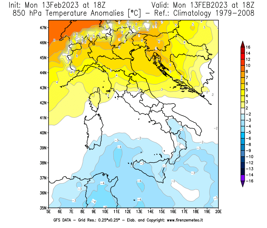 Mappa di analisi GFS - Anomalia Temperatura [°C] a 850 hPa in Italia
							del 13/02/2023 18 <!--googleoff: index-->UTC<!--googleon: index-->