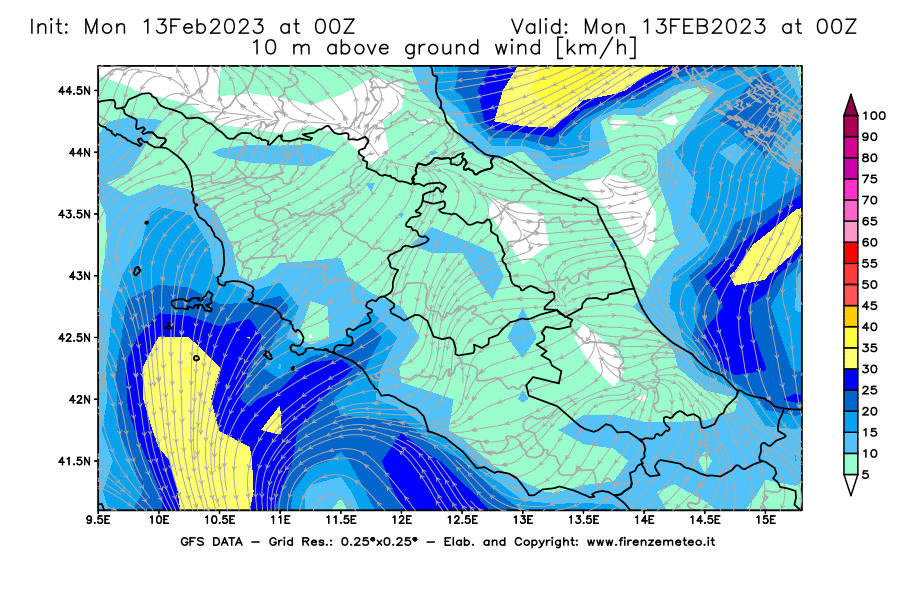Mappa di analisi GFS - Velocità del vento a 10 metri dal suolo [km/h] in Centro-Italia
							del 13/02/2023 00 <!--googleoff: index-->UTC<!--googleon: index-->