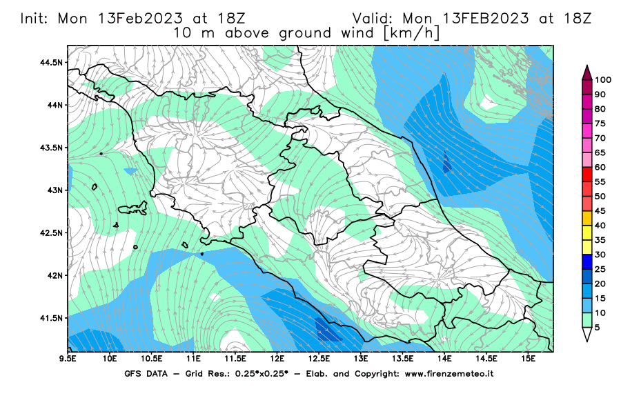 Mappa di analisi GFS - Velocità del vento a 10 metri dal suolo [km/h] in Centro-Italia
							del 13/02/2023 18 <!--googleoff: index-->UTC<!--googleon: index-->