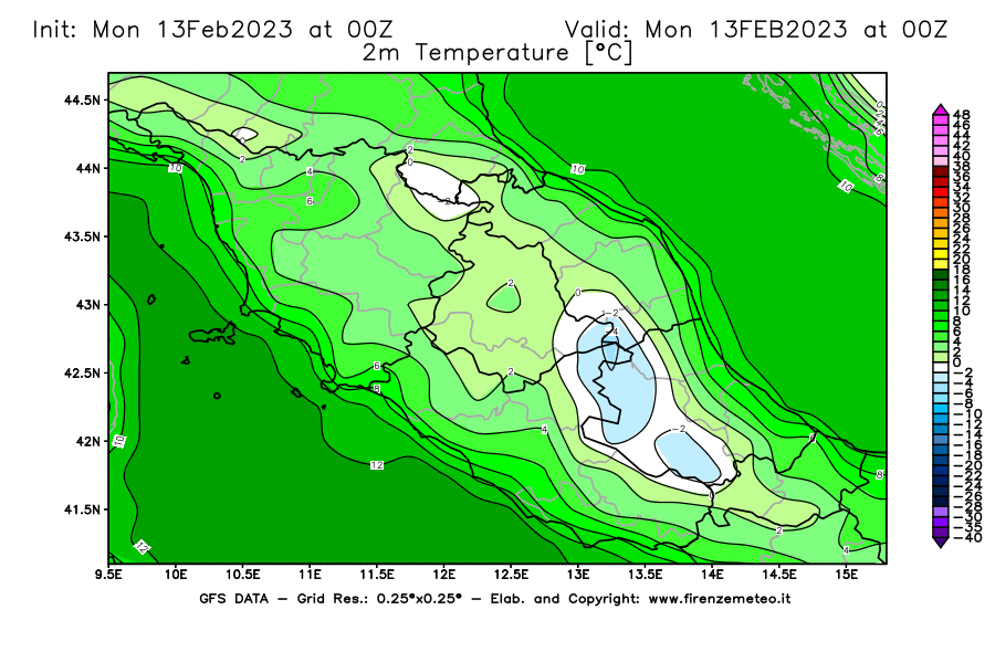 Mappa di analisi GFS - Temperatura a 2 metri dal suolo [°C] in Centro-Italia
							del 13/02/2023 00 <!--googleoff: index-->UTC<!--googleon: index-->