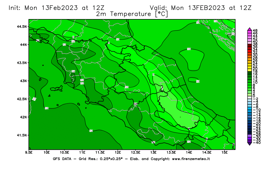 Mappa di analisi GFS - Temperatura a 2 metri dal suolo [°C] in Centro-Italia
							del 13/02/2023 12 <!--googleoff: index-->UTC<!--googleon: index-->