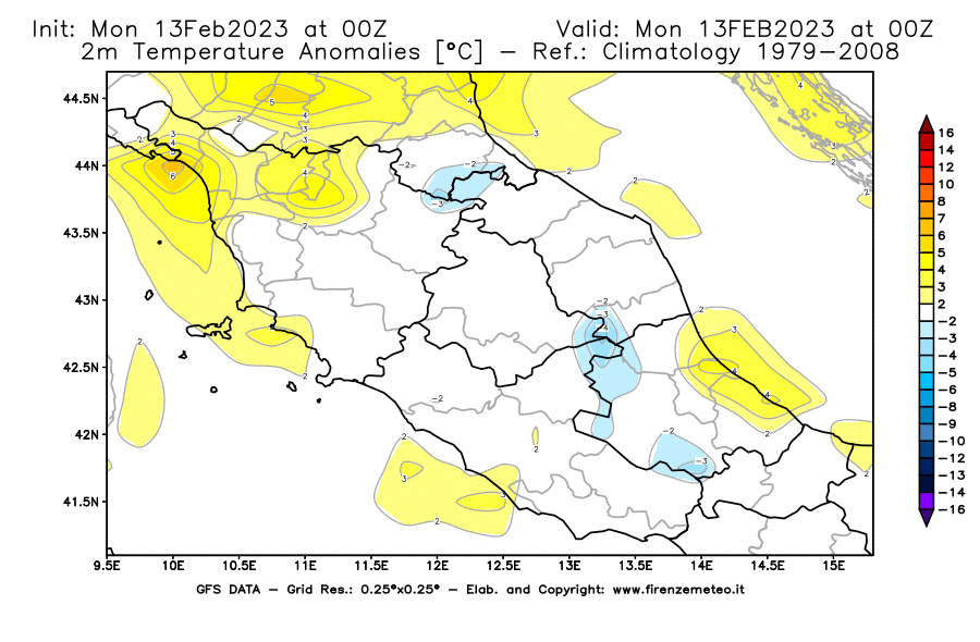 Mappa di analisi GFS - Anomalia Temperatura [°C] a 2 m in Centro-Italia
							del 13/02/2023 00 <!--googleoff: index-->UTC<!--googleon: index-->