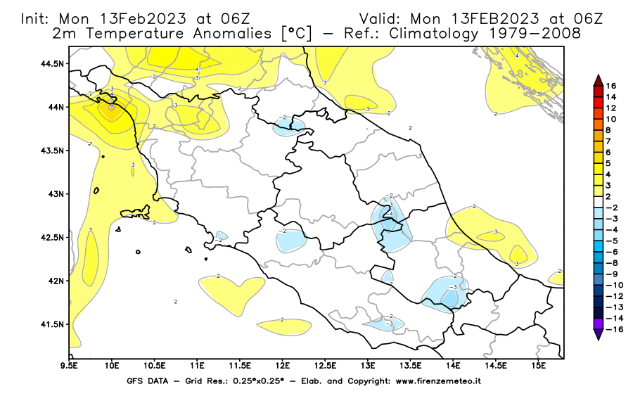 Mappa di analisi GFS - Anomalia Temperatura [°C] a 2 m in Centro-Italia
							del 13/02/2023 06 <!--googleoff: index-->UTC<!--googleon: index-->