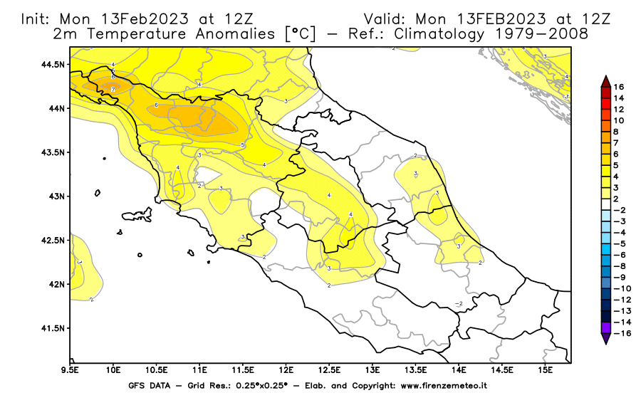 Mappa di analisi GFS - Anomalia Temperatura [°C] a 2 m in Centro-Italia
							del 13/02/2023 12 <!--googleoff: index-->UTC<!--googleon: index-->