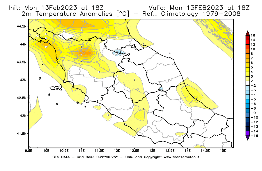 Mappa di analisi GFS - Anomalia Temperatura [°C] a 2 m in Centro-Italia
							del 13/02/2023 18 <!--googleoff: index-->UTC<!--googleon: index-->