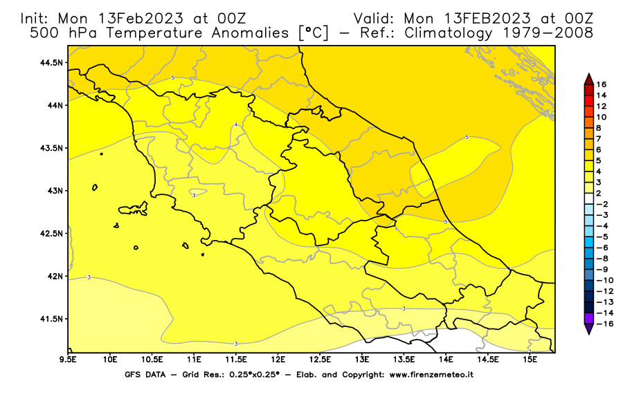 Mappa di analisi GFS - Anomalia Temperatura [°C] a 500 hPa in Centro-Italia
							del 13/02/2023 00 <!--googleoff: index-->UTC<!--googleon: index-->