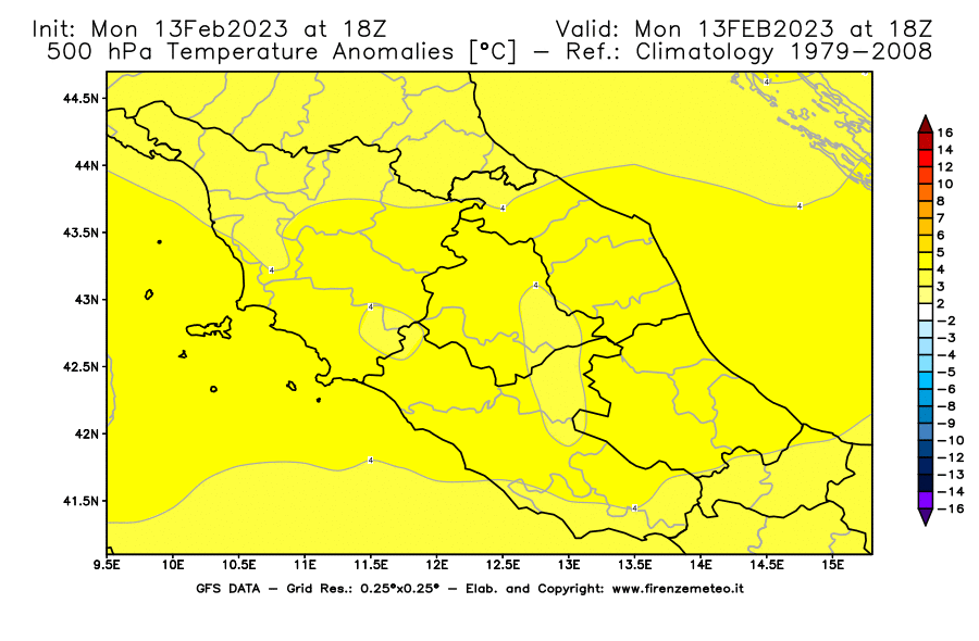 Mappa di analisi GFS - Anomalia Temperatura [°C] a 500 hPa in Centro-Italia
							del 13/02/2023 18 <!--googleoff: index-->UTC<!--googleon: index-->
