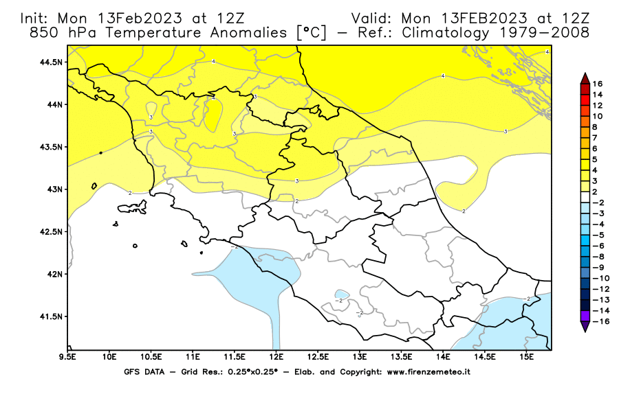 Mappa di analisi GFS - Anomalia Temperatura [°C] a 850 hPa in Centro-Italia
							del 13/02/2023 12 <!--googleoff: index-->UTC<!--googleon: index-->