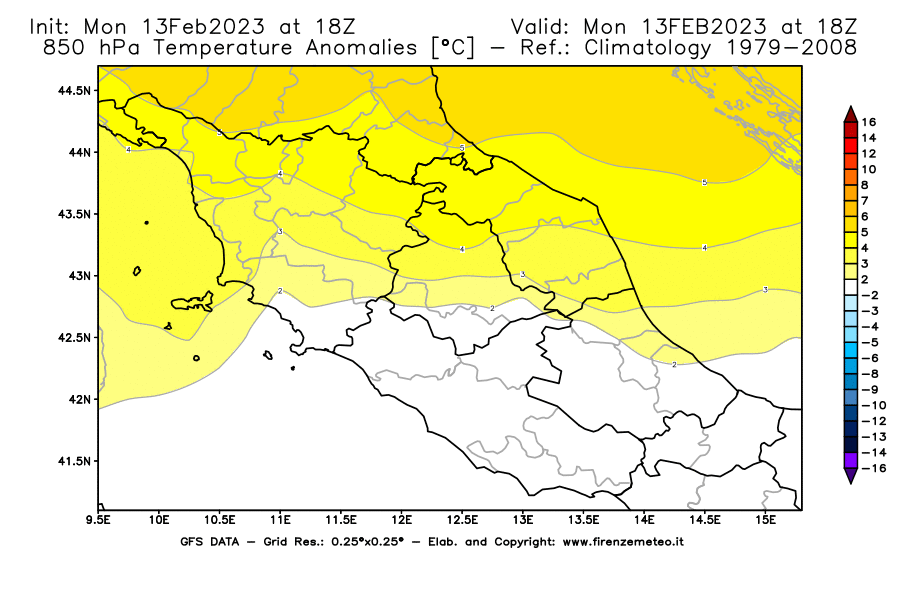 Mappa di analisi GFS - Anomalia Temperatura [°C] a 850 hPa in Centro-Italia
							del 13/02/2023 18 <!--googleoff: index-->UTC<!--googleon: index-->